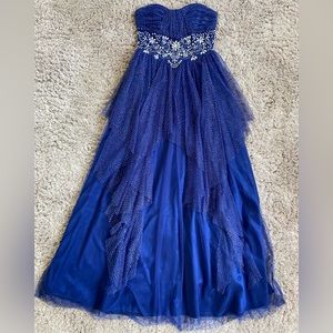 Dark blue dress with asymmetrical sparkly tulle overlay & beaded waistline